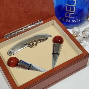 Barker Specialty Co. 3pc Wood Boxed Winged Corkscrew  2 Wine Bottle Stoppers Set